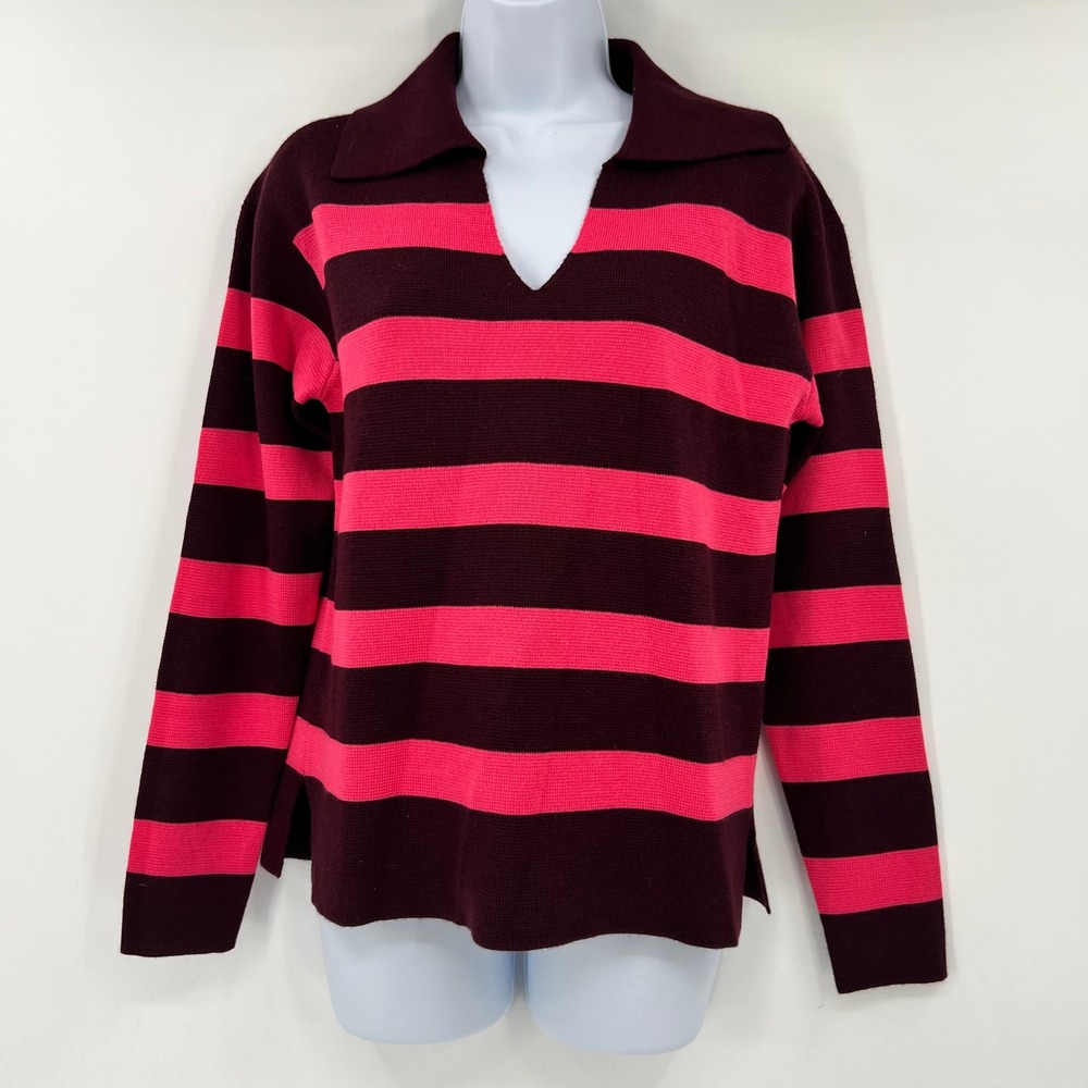 Talbots Womens XS Burgundy Pink Preppy Striped Wool Blend Polo V-Neck Sweater